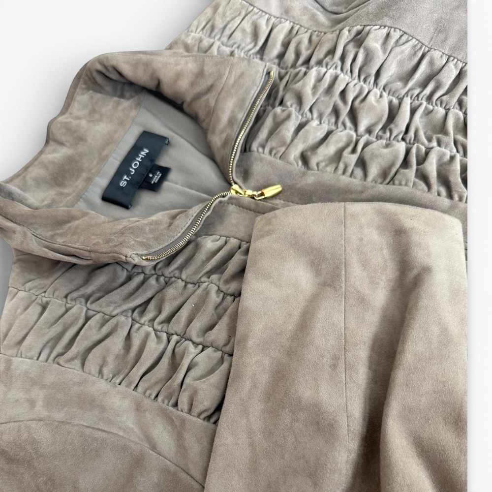 St. John Goat Suede Zip Front Jacket Ruched Panels Taupe‎ Brown Women's 6